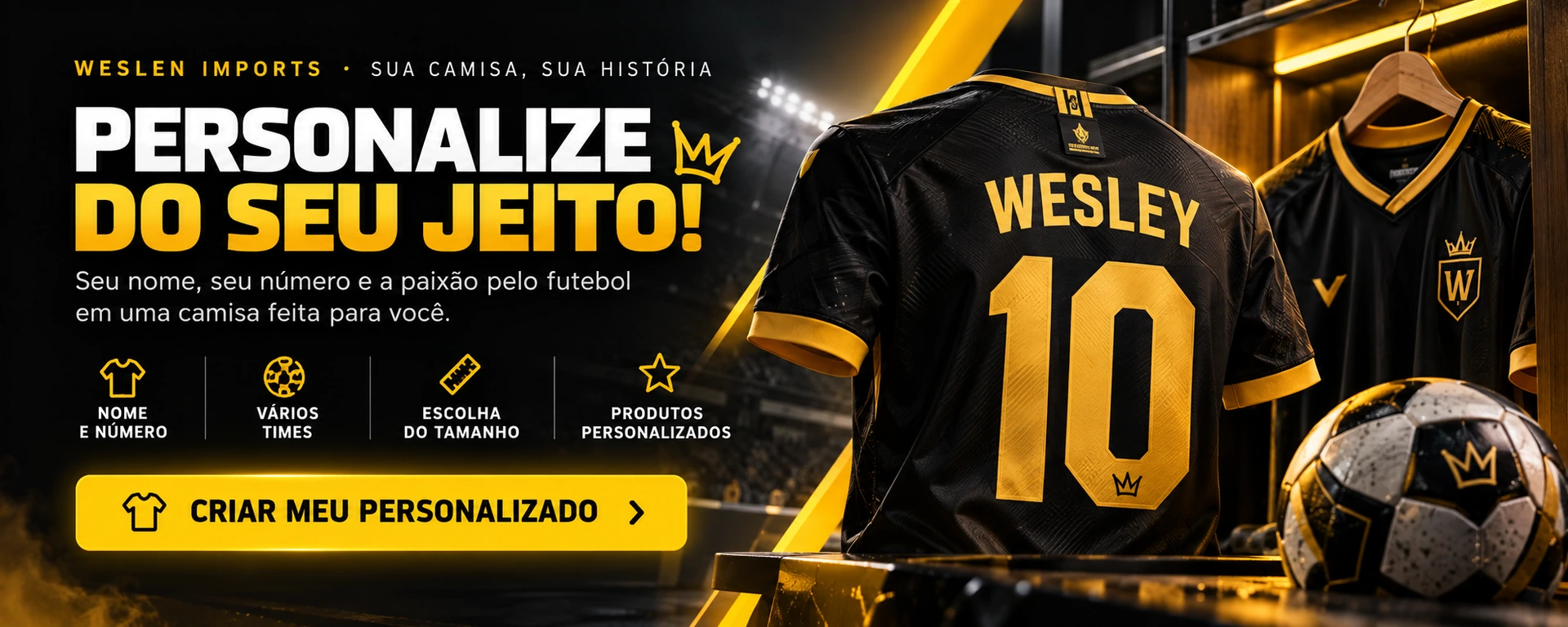 Camisa preta com WESLEY e número 10 em dourado, em um vestiário esportivo
